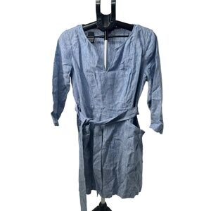Boden Light Blue Long Sleeve Tie Belt Patch Pocket Linen‎ Dress Size 12P